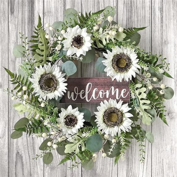 Eucalyptus Wreath for Front Door Sunflower Flowers All Seasons with Welcome Sign - Picture 4 of 7